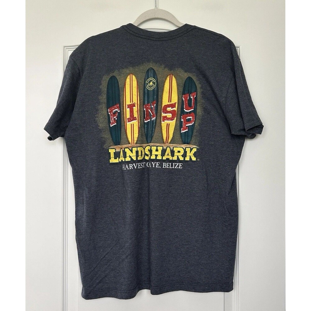 Fins Up Landshark T Shirt Mens Sz L Harvest Caye Belize Bar Grill Grayish Blue